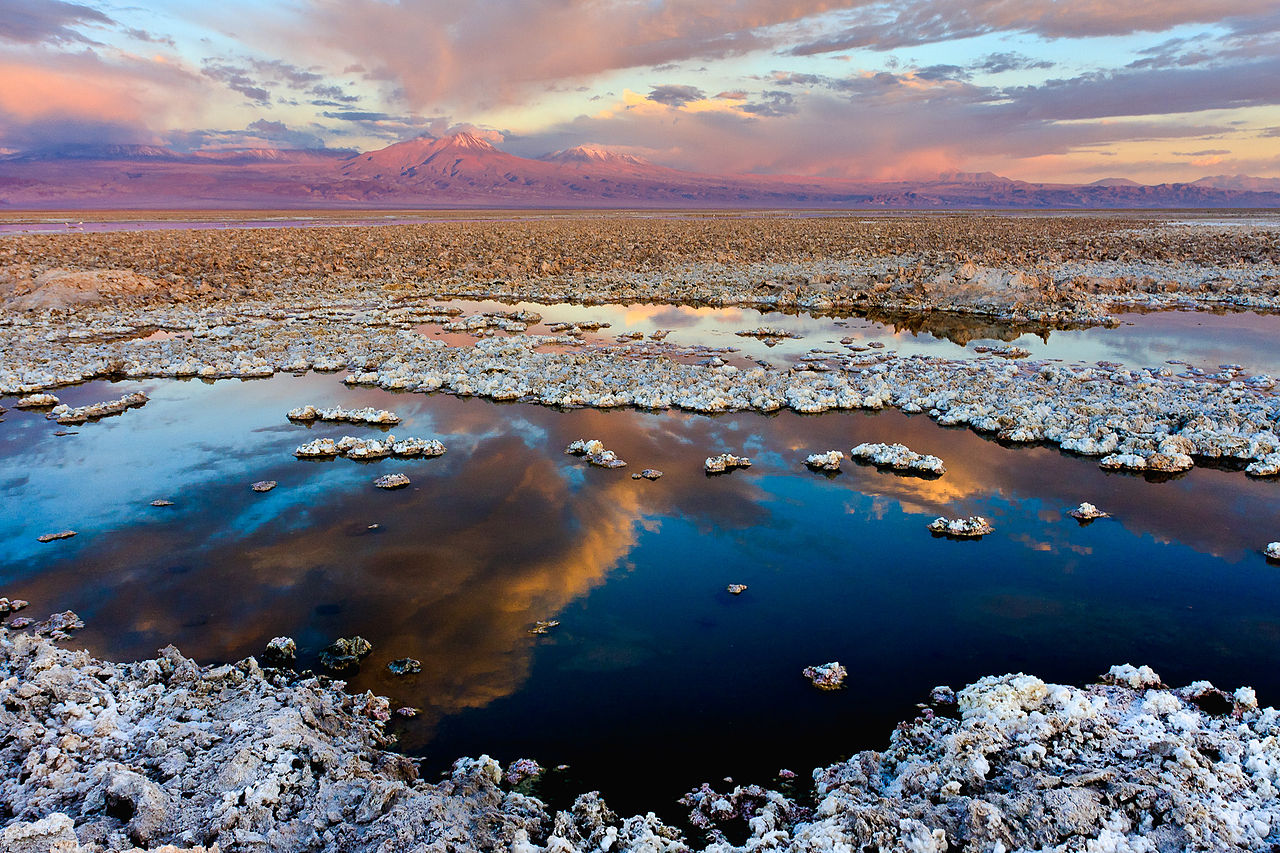 Photo:  The Atacama Dry lake, in Chile. At the horizon, the Licancabur volcano